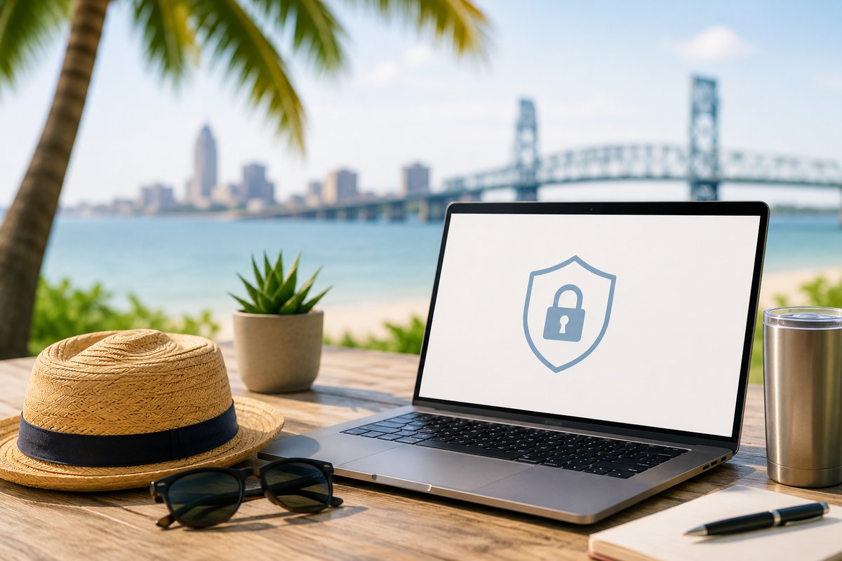 Laptop with security shield icon on beach desk